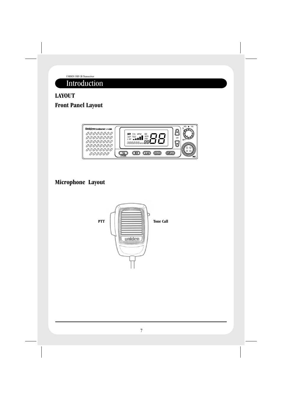 Introduction, Layout front panel layout microphone layout | Uniden UH088SX User Manual | Page 9 / 40