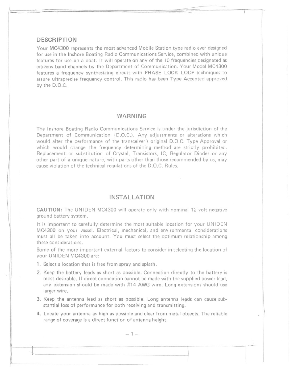 Description, Warning, Installation | Uniden MC-4300 User Manual | Page 2 / 8