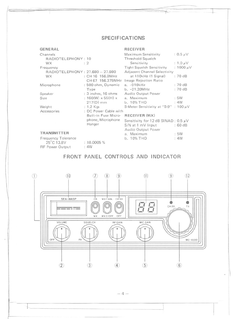 Specifications, Front panel controls and indicator | Uniden MC-4300 User Manual | Page 5 / 8
