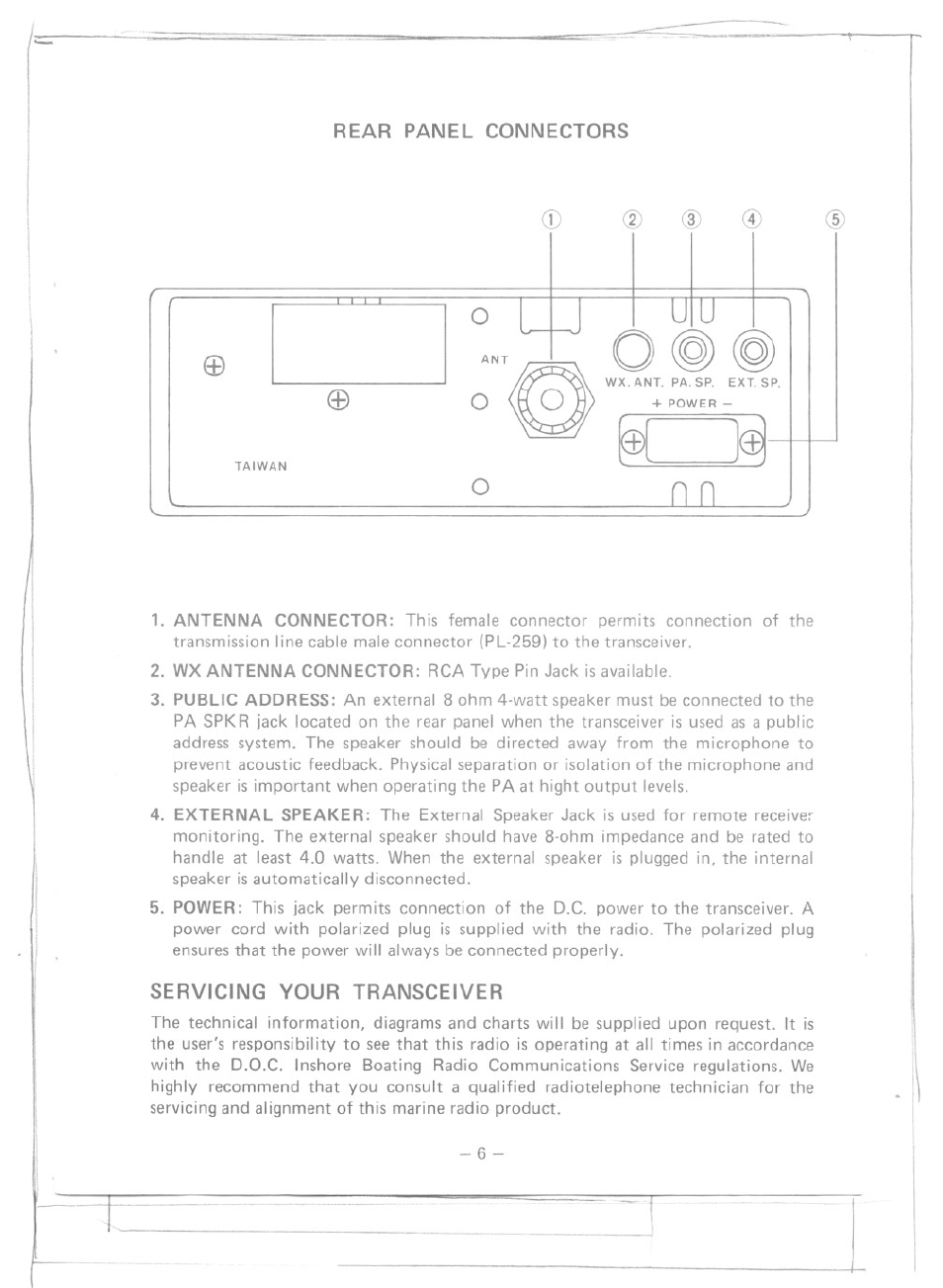 Rear panel connectors, Servicing your transceiver | Uniden MC-4300 User Manual | Page 7 / 8