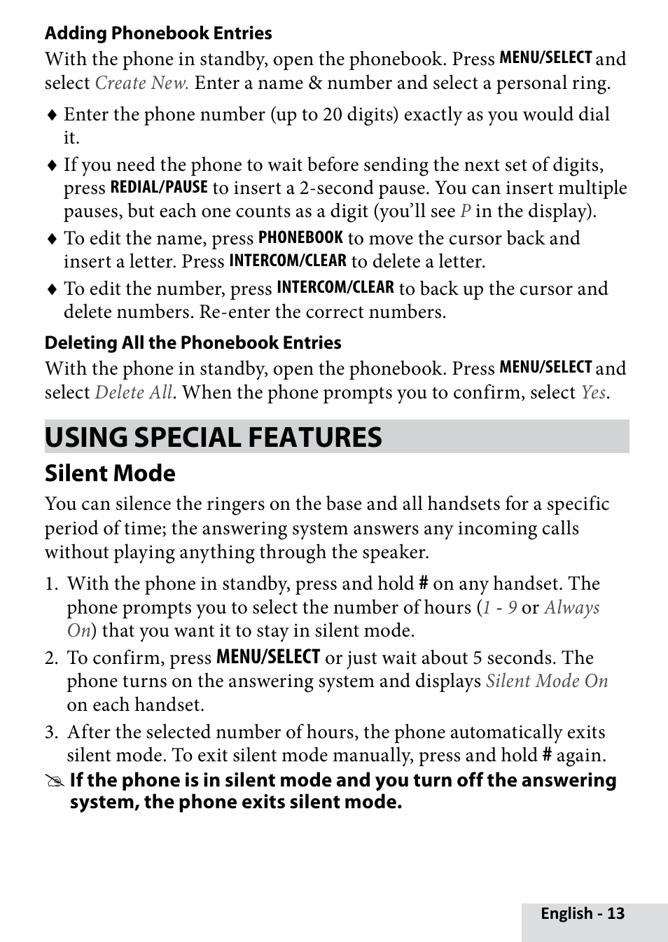 Using special features, Silent mode | Uniden D2280 User Manual | Page 13 / 28