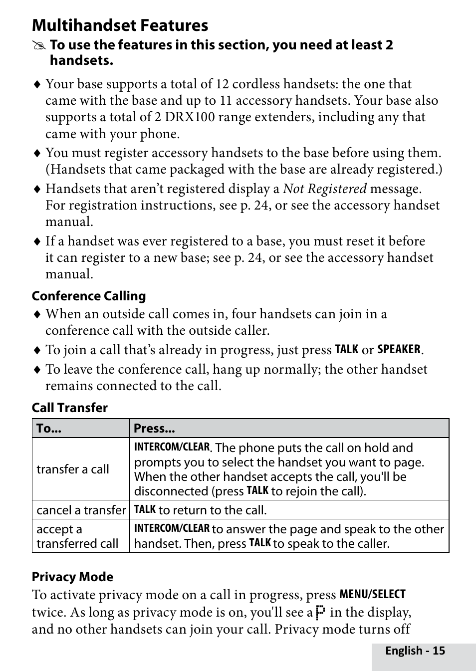 Multihandset features | Uniden D2280 User Manual | Page 15 / 28