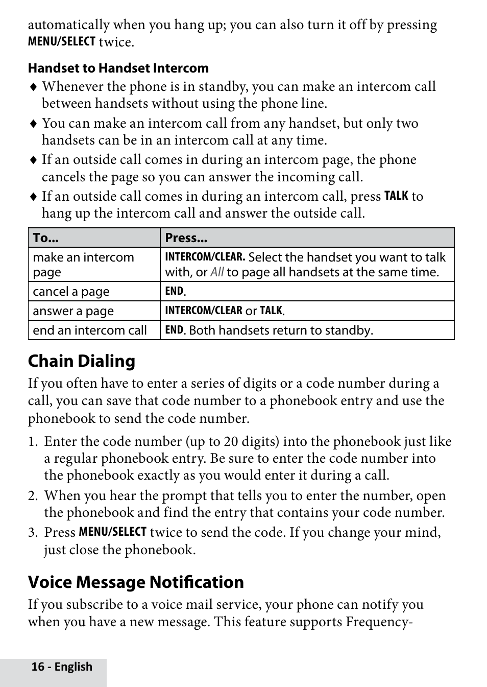 Chain dialing, Voice message notification | Uniden D2280 User Manual | Page 16 / 28