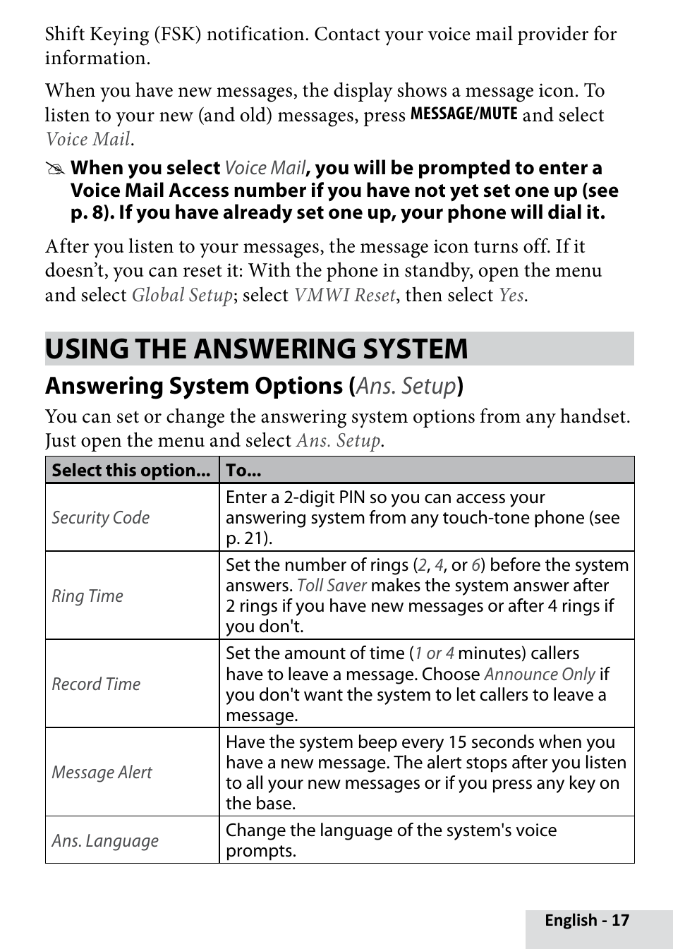 Using the answering system, Answering system options, Ans. setup | Answering system options ( ans. setup ) | Uniden D2280 User Manual | Page 17 / 28