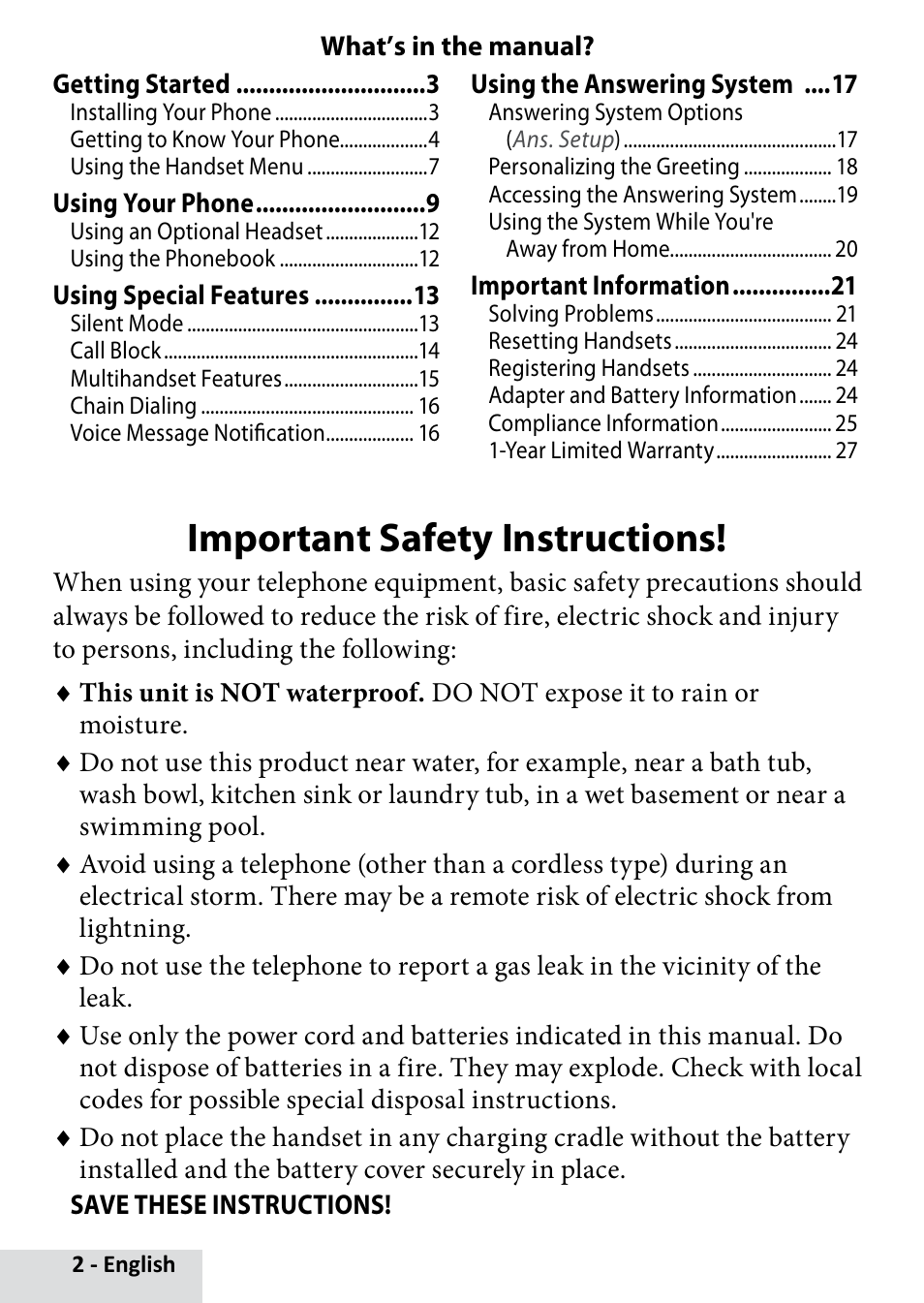 Important safety instructions | Uniden D2280 User Manual | Page 2 / 28