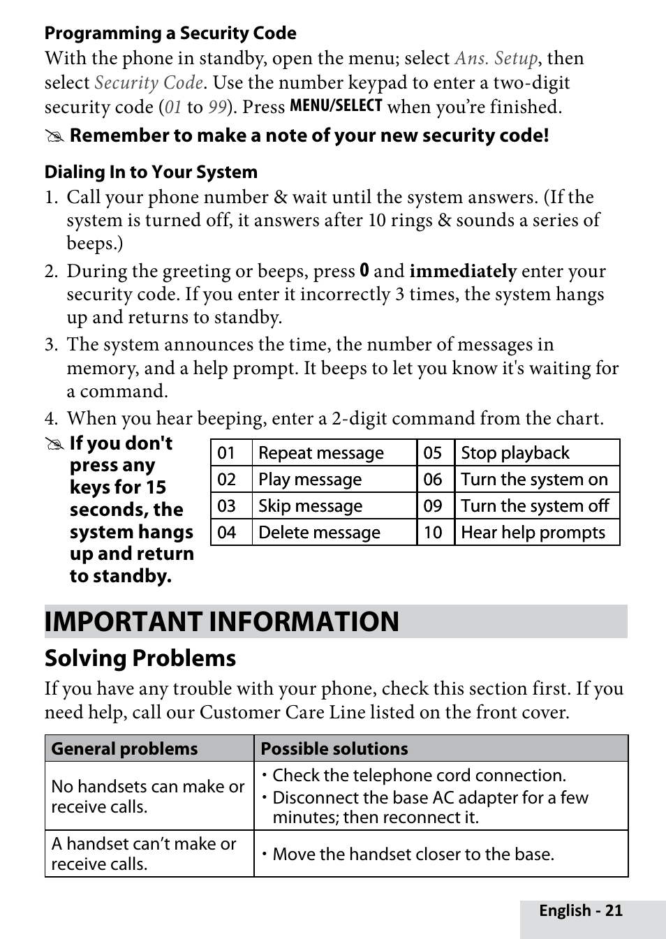 Important information, Solving problems | Uniden D2280 User Manual | Page 21 / 28