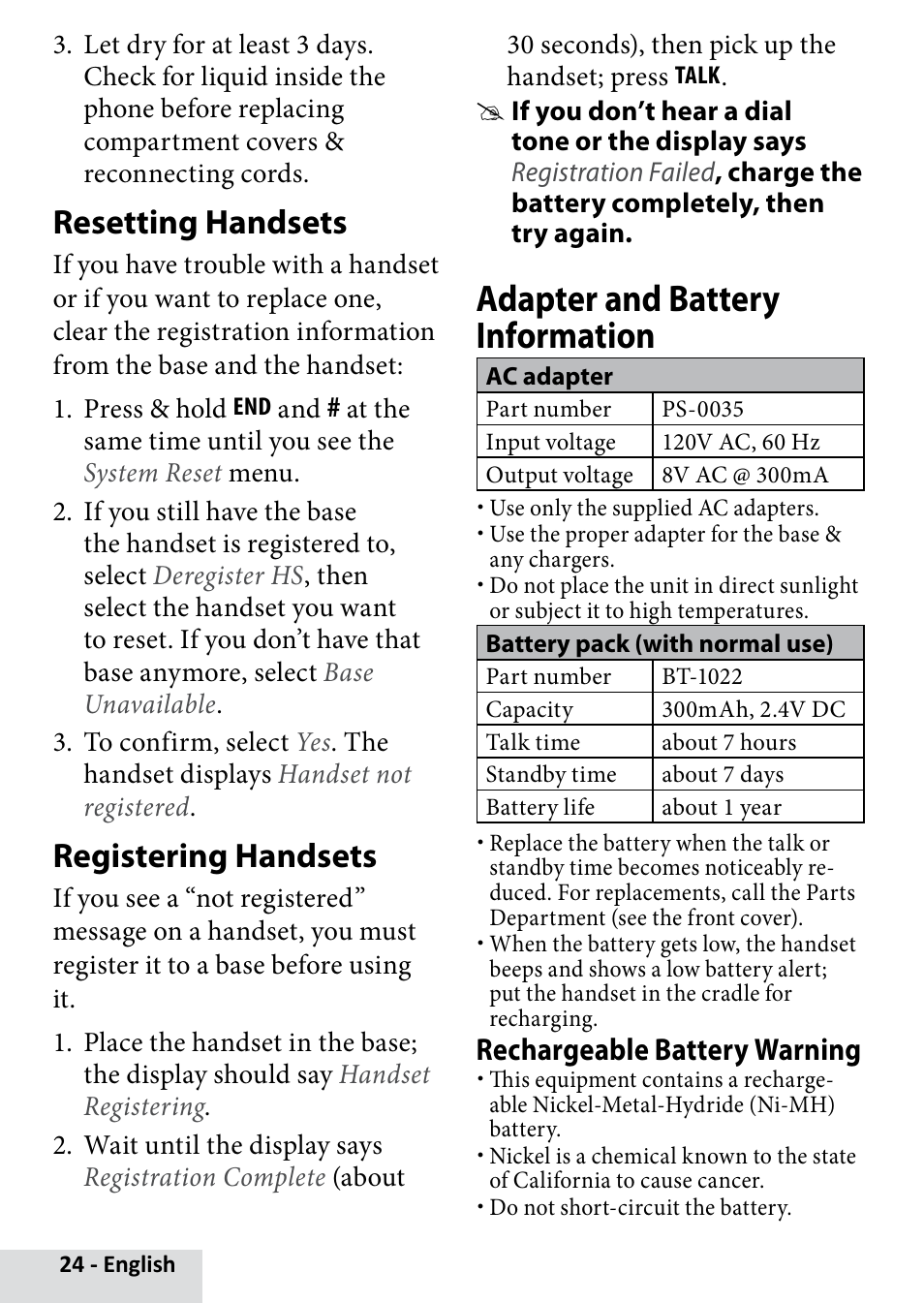 Resetting handsets, Registering handsets, Adapter and battery information | Rechargeable battery warning | Uniden D2280 User Manual | Page 24 / 28