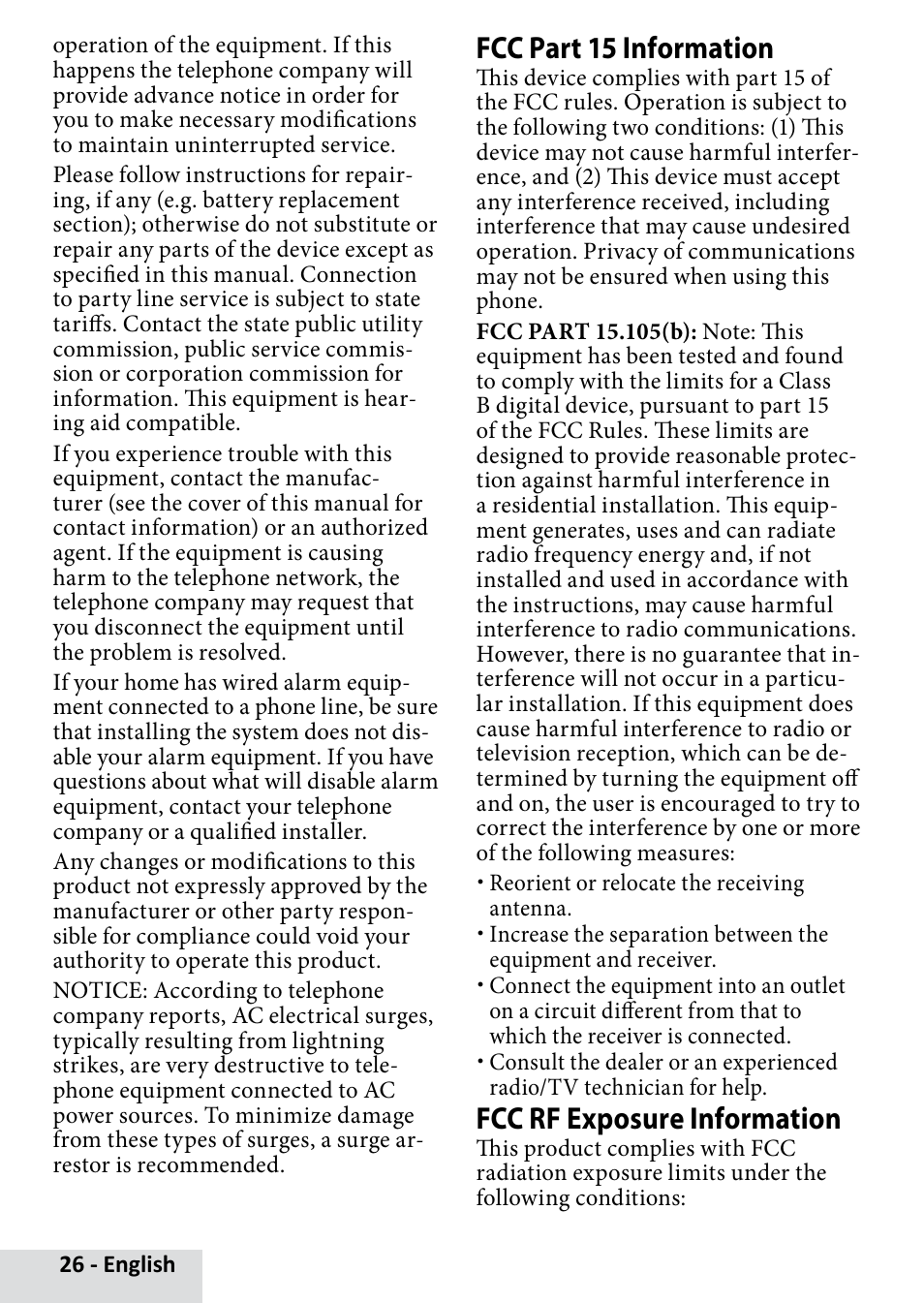 Fcc part 15 information, Fcc rf exposure information | Uniden D2280 User Manual | Page 26 / 28