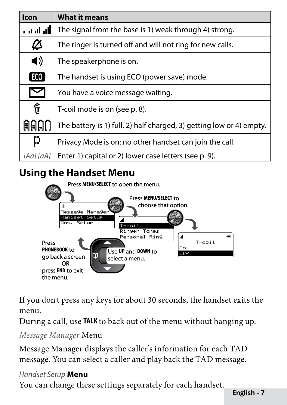 Using the handset menu, Handset setup menu, Talk | Uniden D2280 User Manual | Page 7 / 28