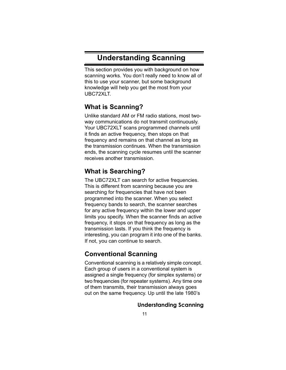 Understanding scanning, What is scanning, What is searching | Conventional scanning | Uniden UBC72XLT User Manual | Page 11 / 56