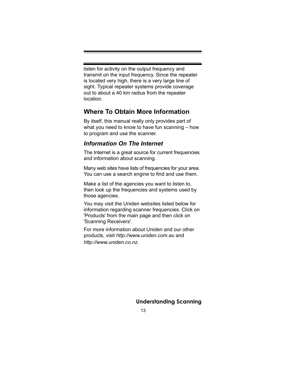 Where to obtain more information | Uniden UBC72XLT User Manual | Page 13 / 56