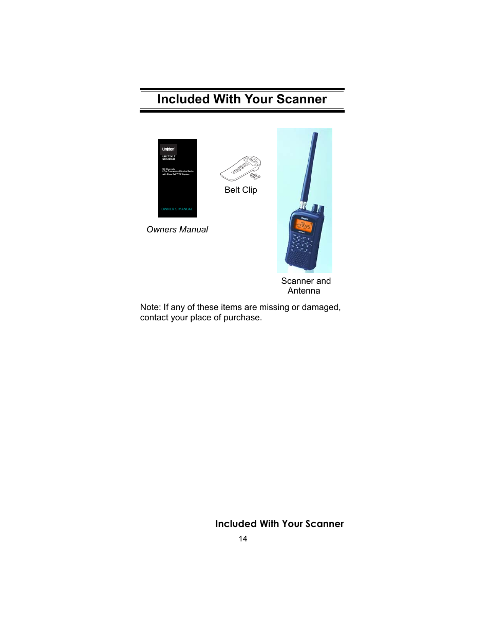 Included with your scanner, Setting up your scanner, Owners manual scanner and belt clip antenna | Uniden UBC72XLT User Manual | Page 14 / 56