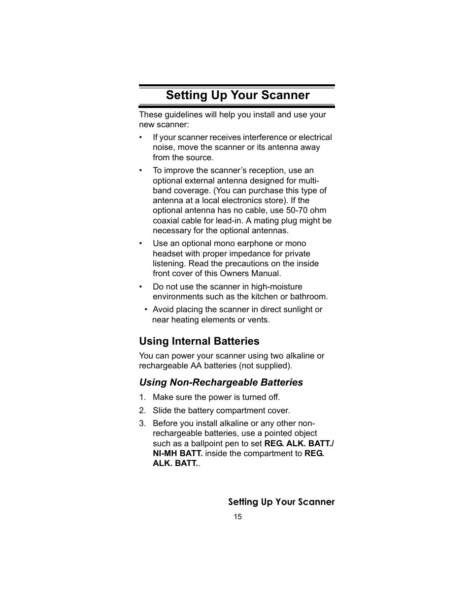 Using internal batteries, Make sure the power is turned off, Slide the battery compartment cover | Setting up your scanner | Uniden UBC72XLT User Manual | Page 15 / 56