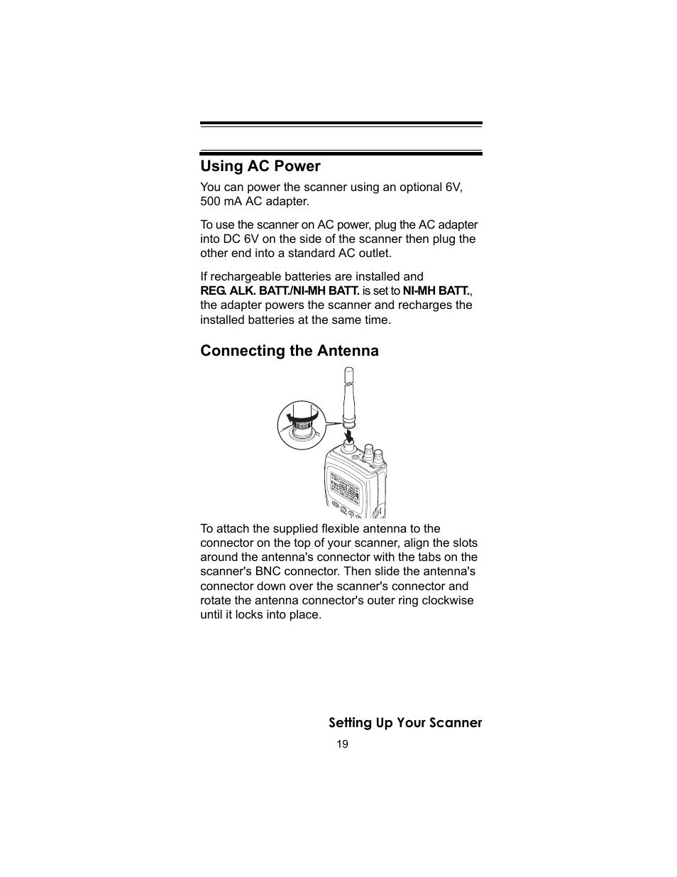 Using ac power, Connecting the antenna | Uniden UBC72XLT User Manual | Page 19 / 56
