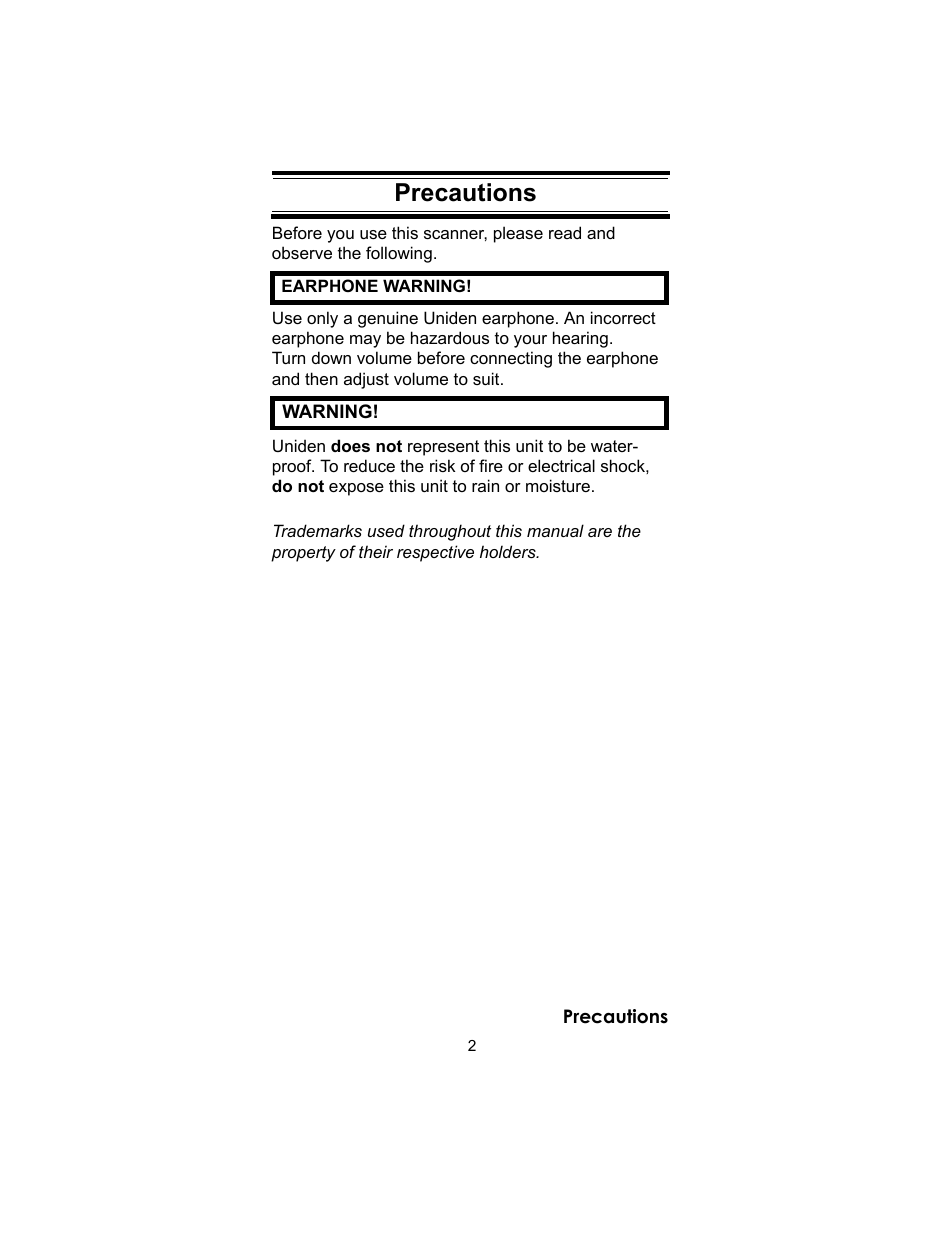 Precautions | Uniden UBC72XLT User Manual | Page 2 / 56