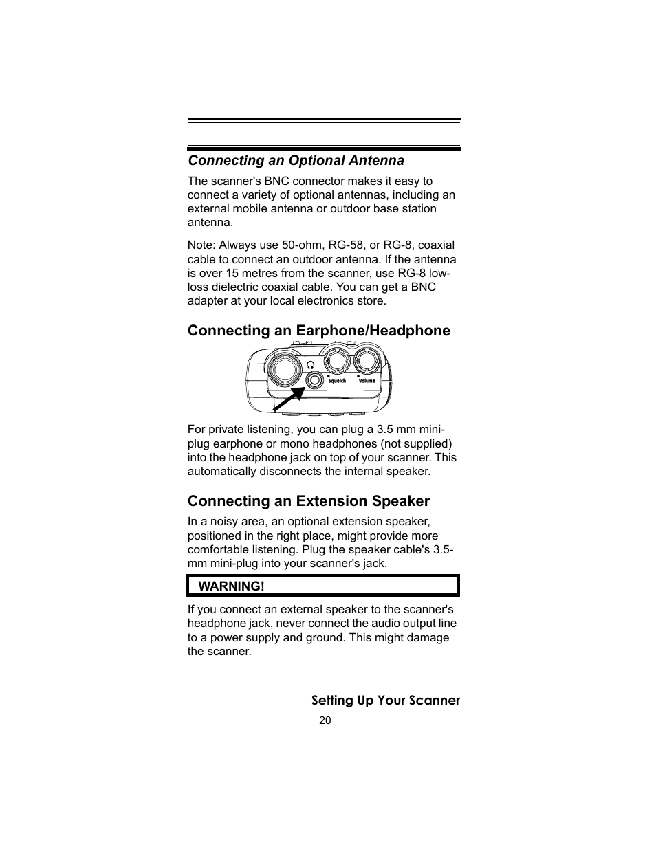 Connecting an earphone/headphone, Connecting an extension speaker | Uniden UBC72XLT User Manual | Page 20 / 56