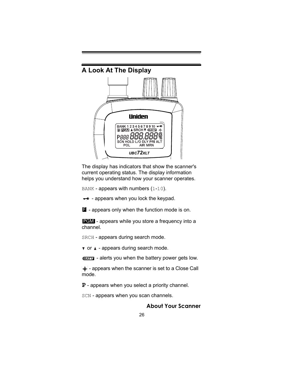 A look at the display | Uniden UBC72XLT User Manual | Page 26 / 56