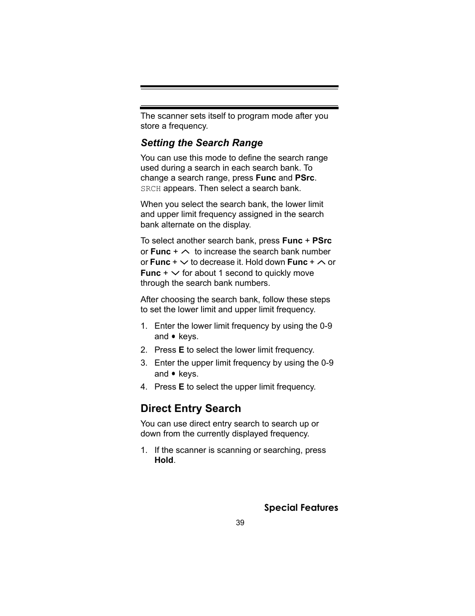 Press e to select the lower limit frequency, Press e to select the upper limit frequency, Direct entry search | Uniden UBC72XLT User Manual | Page 39 / 56