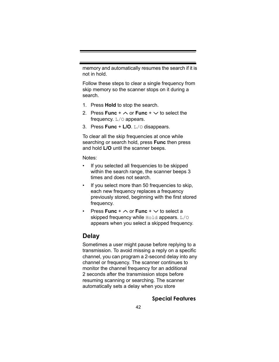 Press hold to stop the search, Press func + l/o. l/o disappears, Delay | Uniden UBC72XLT User Manual | Page 42 / 56