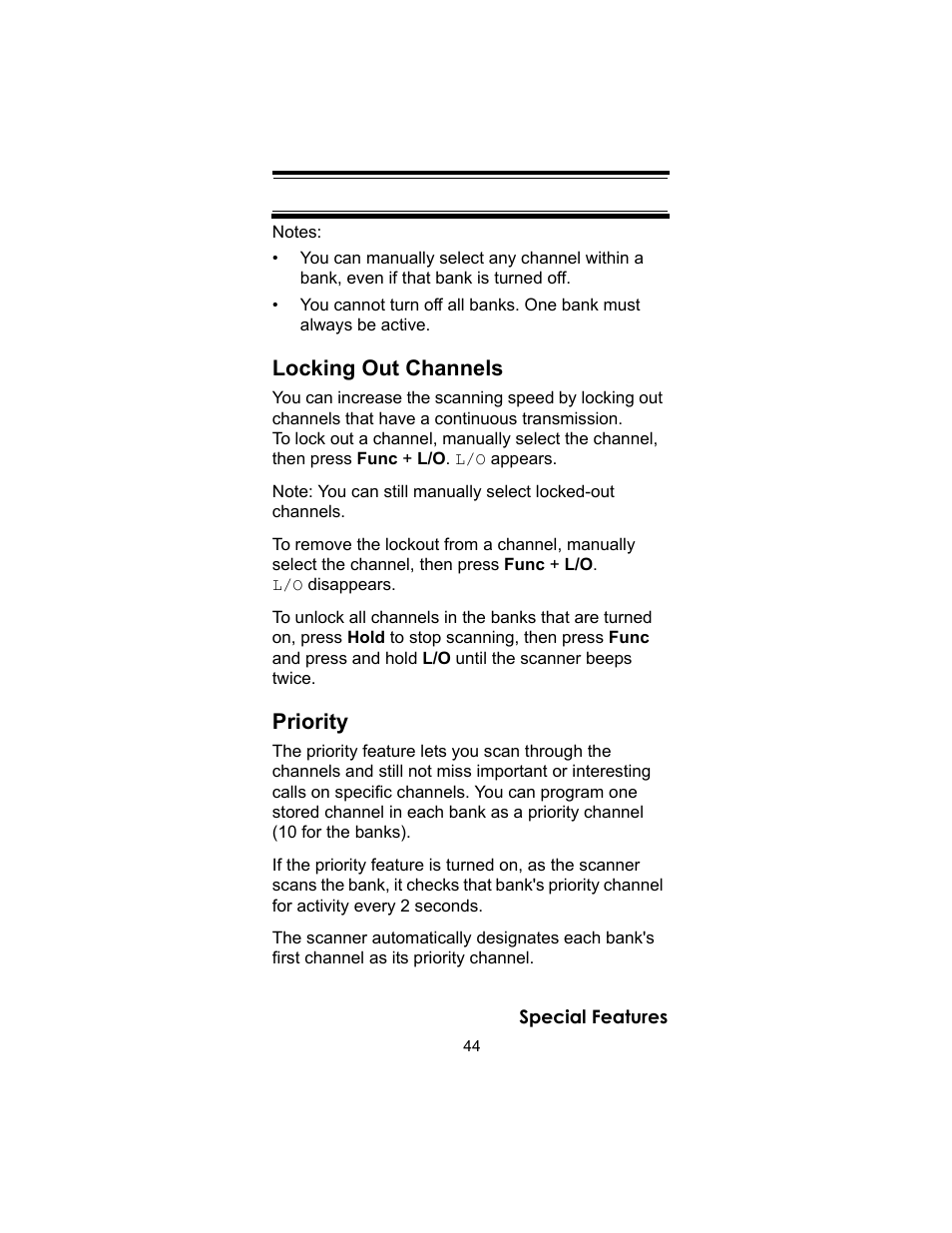 Locking out channels, Priority | Uniden UBC72XLT User Manual | Page 44 / 56