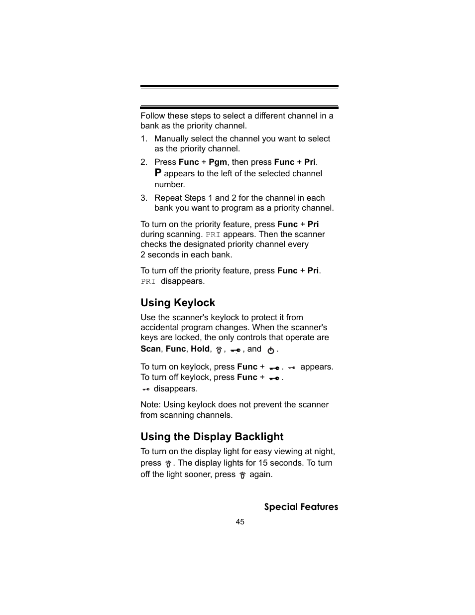 Using keylock, Using the display backlight | Uniden UBC72XLT User Manual | Page 45 / 56