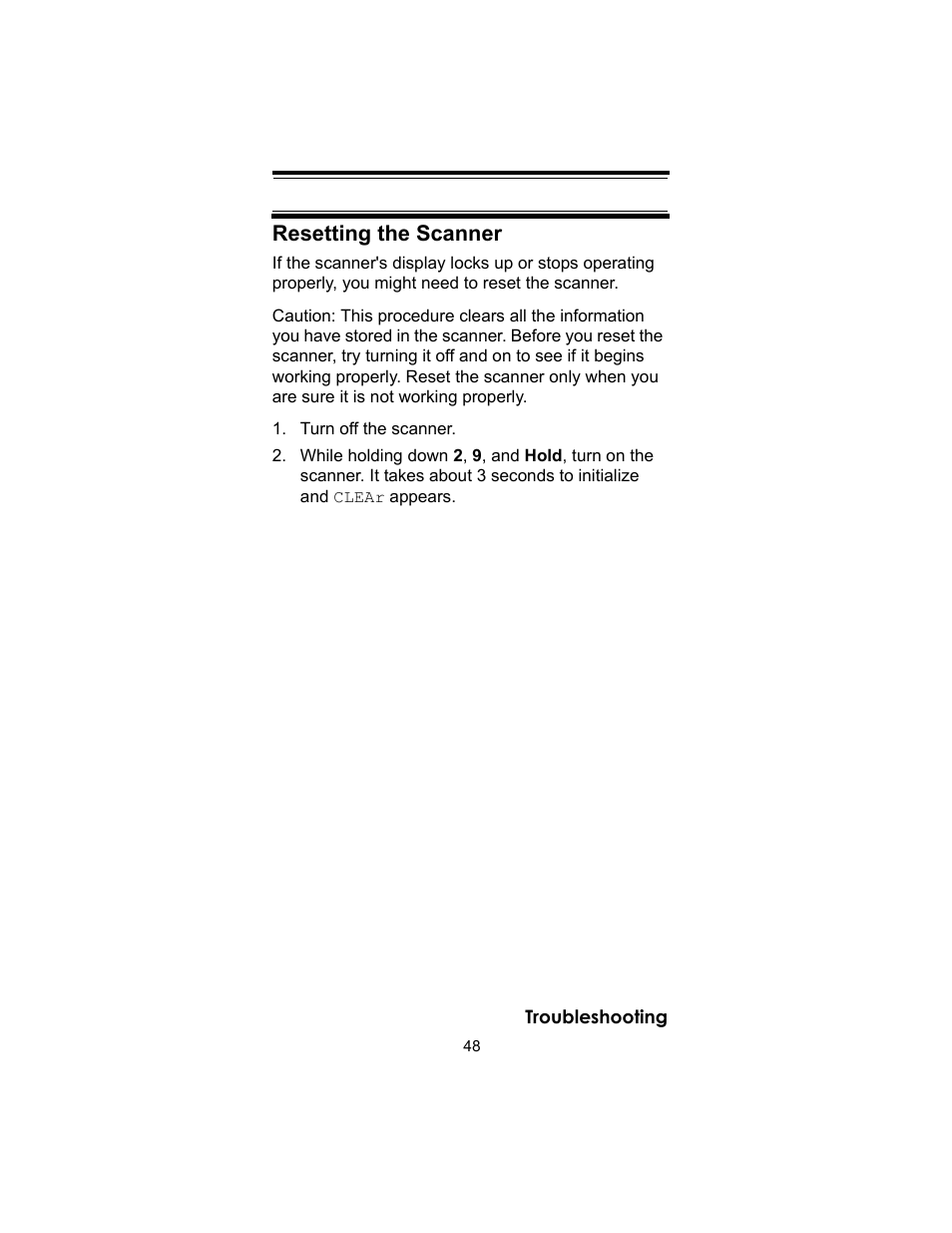 Resetting the scanner, Turn off the scanner | Uniden UBC72XLT User Manual | Page 48 / 56