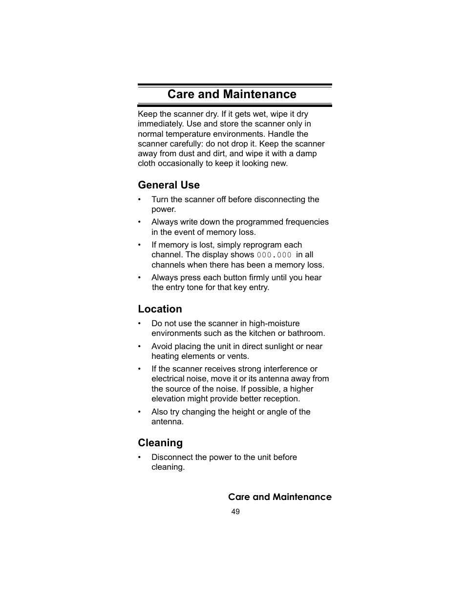 Care and maintenance, General use, Location | Cleaning | Uniden UBC72XLT User Manual | Page 49 / 56