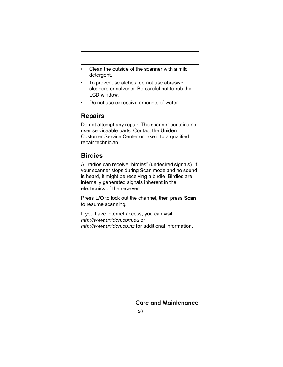 Repairs, Birdies | Uniden UBC72XLT User Manual | Page 50 / 56