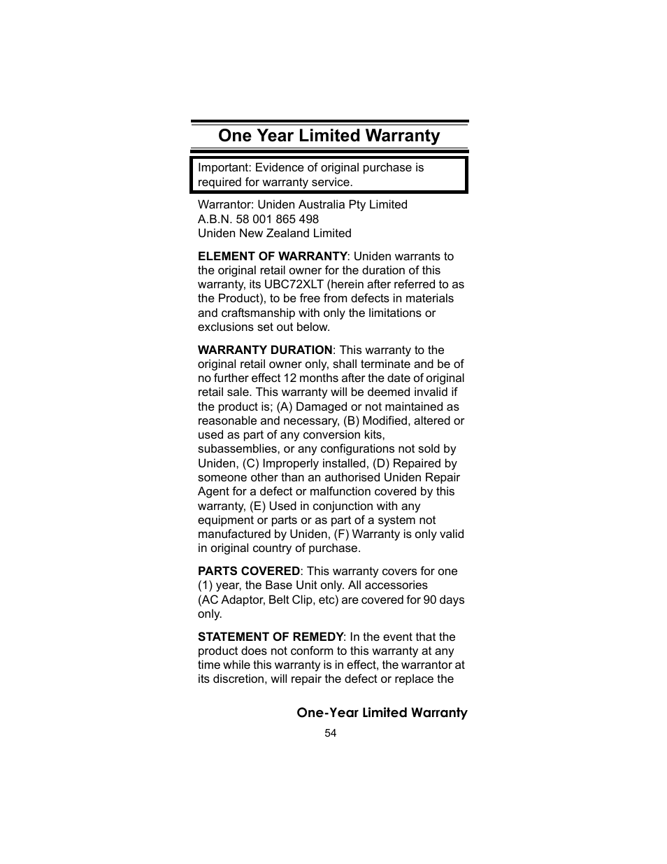 One-year limited warranty, One-year limited war- ranty | Uniden UBC72XLT User Manual | Page 54 / 56