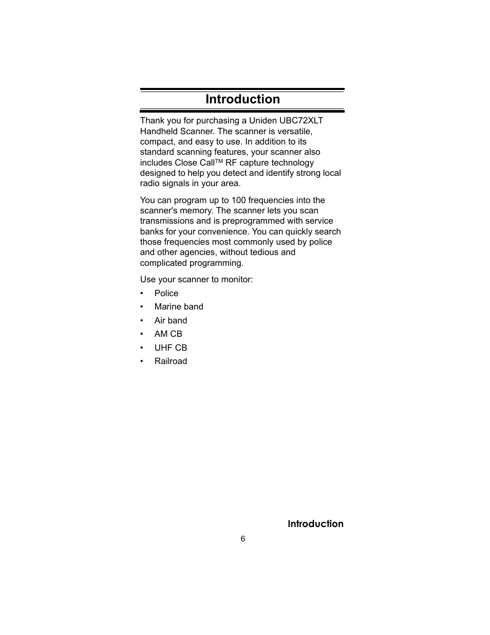 Introduction | Uniden UBC72XLT User Manual | Page 6 / 56
