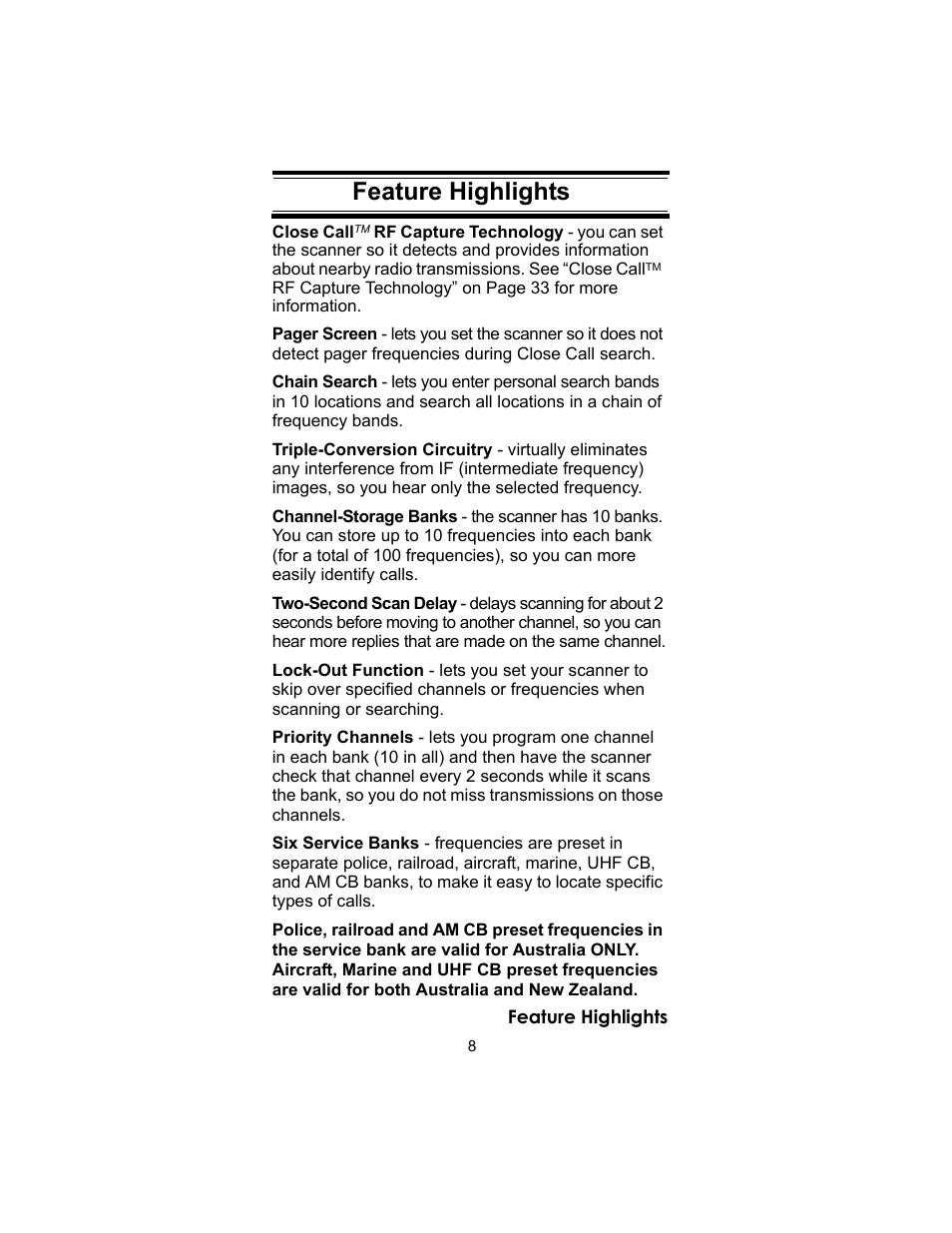Feature highlights | Uniden UBC72XLT User Manual | Page 8 / 56