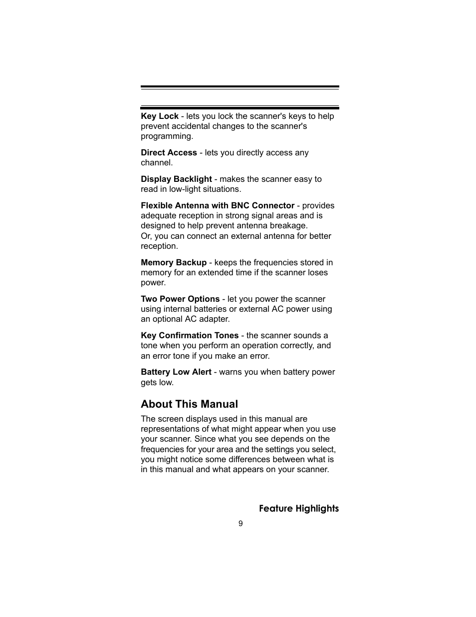 About this manual | Uniden UBC72XLT User Manual | Page 9 / 56