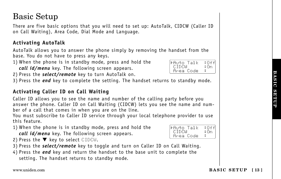 Basic setup | Uniden EXa15580 User Manual | Page 13 / 64