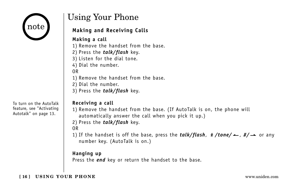 Using your phone | Uniden EXa15580 User Manual | Page 16 / 64