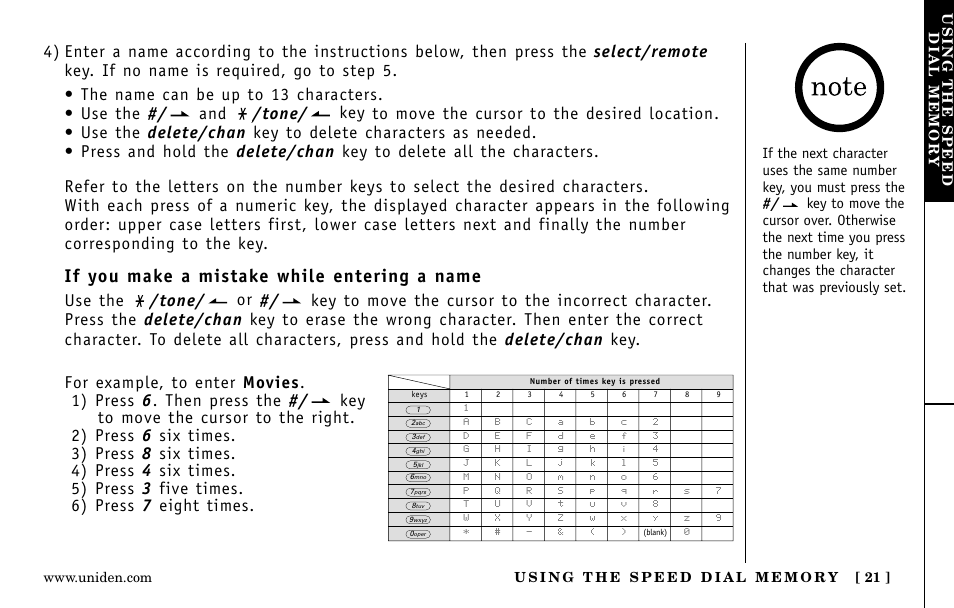 If you make a mistake while entering a name | Uniden EXa15580 User Manual | Page 21 / 64