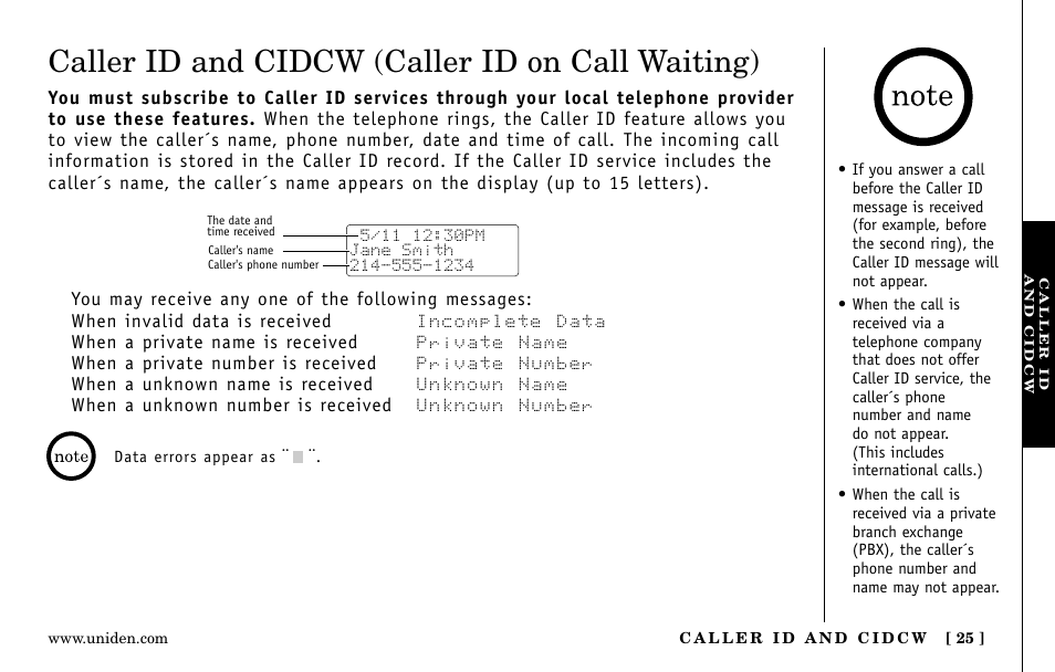 Caller id and cidcw (caller id on call waiting) | Uniden EXa15580 User Manual | Page 25 / 64