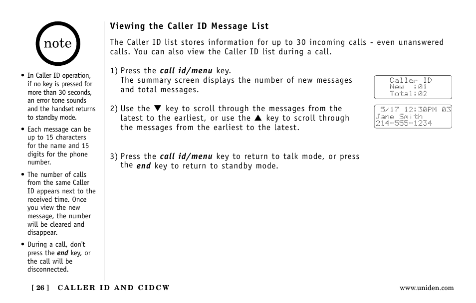 Viewing the caller id message list | Uniden EXa15580 User Manual | Page 26 / 64