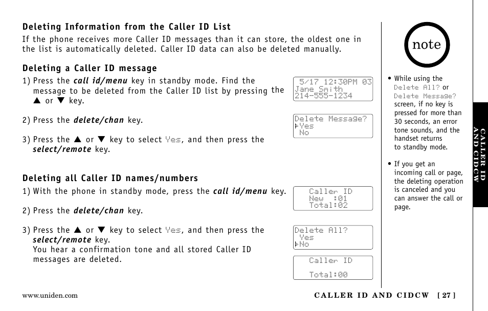 Deleting information from the caller id list, Deleting a caller id message, Deleting all caller id names/numbers | Uniden EXa15580 User Manual | Page 27 / 64
