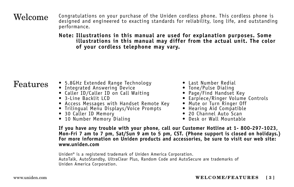 Welcome, Features | Uniden EXa15580 User Manual | Page 3 / 64