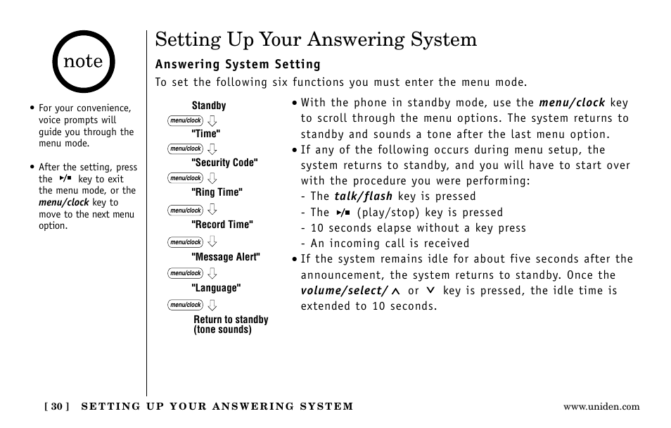 Setting up your answering system, Answering system setting | Uniden EXa15580 User Manual | Page 30 / 64