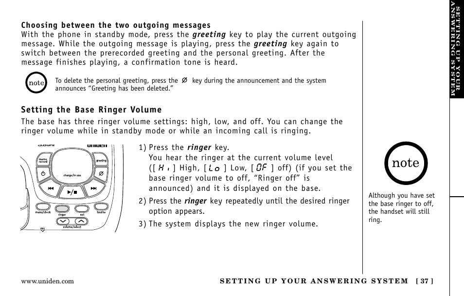 Setting the base ringer volume | Uniden EXa15580 User Manual | Page 37 / 64