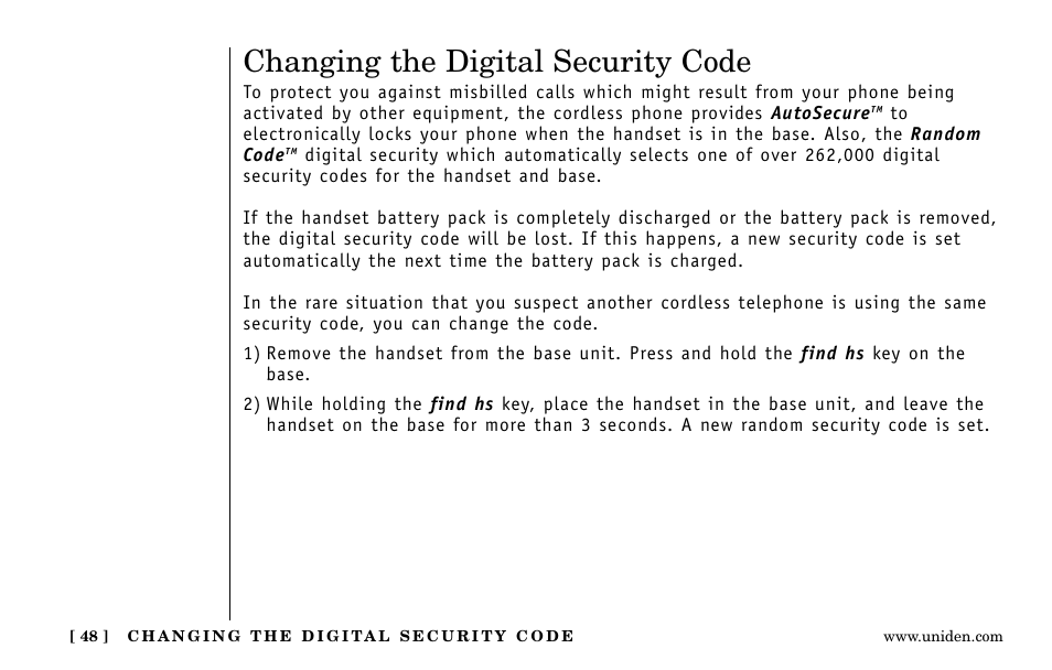 Changing the digital security code | Uniden EXa15580 User Manual | Page 48 / 64