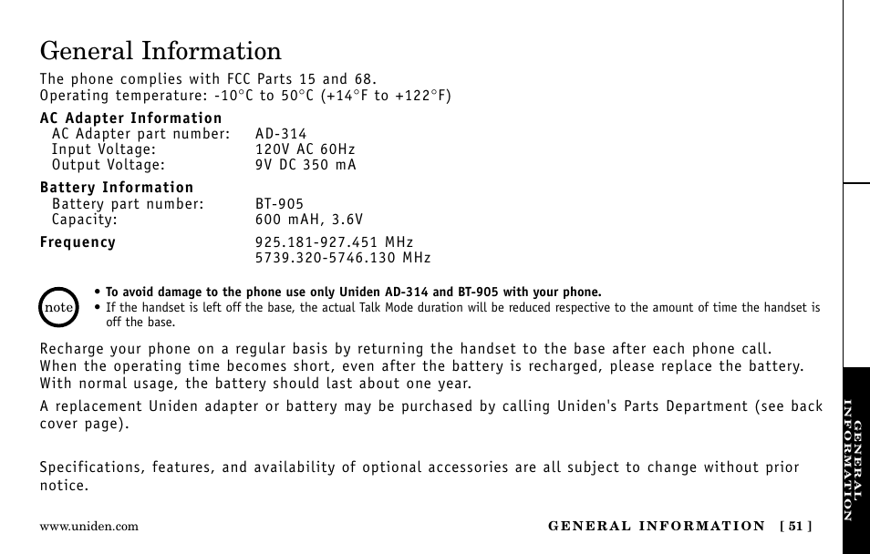 General information | Uniden EXa15580 User Manual | Page 51 / 64