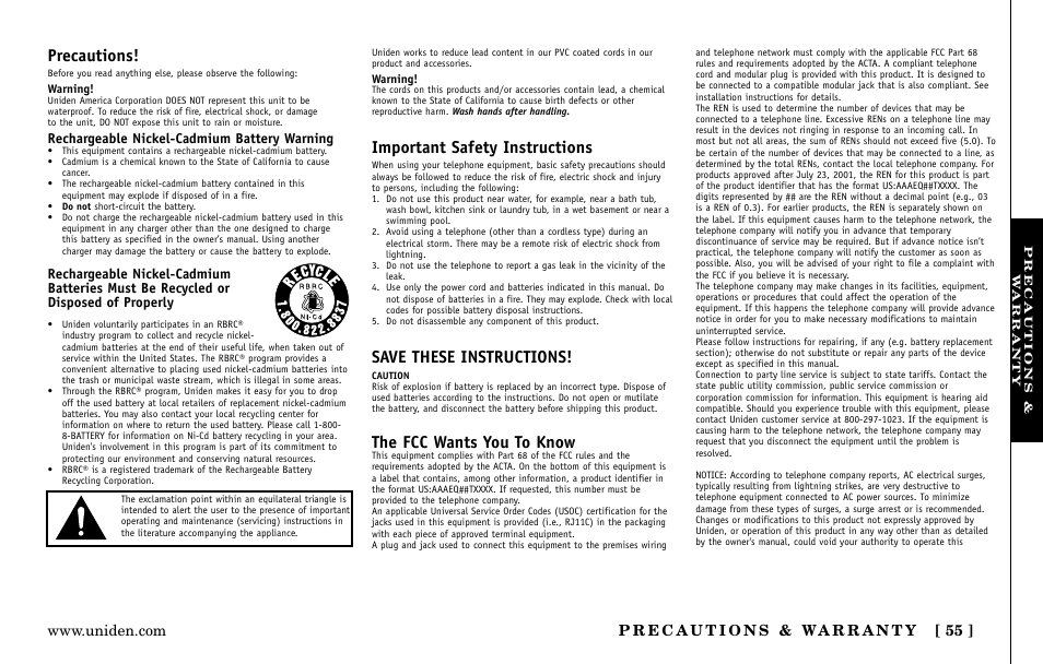 Precautions, Important safety instructions, Save these instructions | The fcc wants you to know | Uniden EXa15580 User Manual | Page 55 / 64