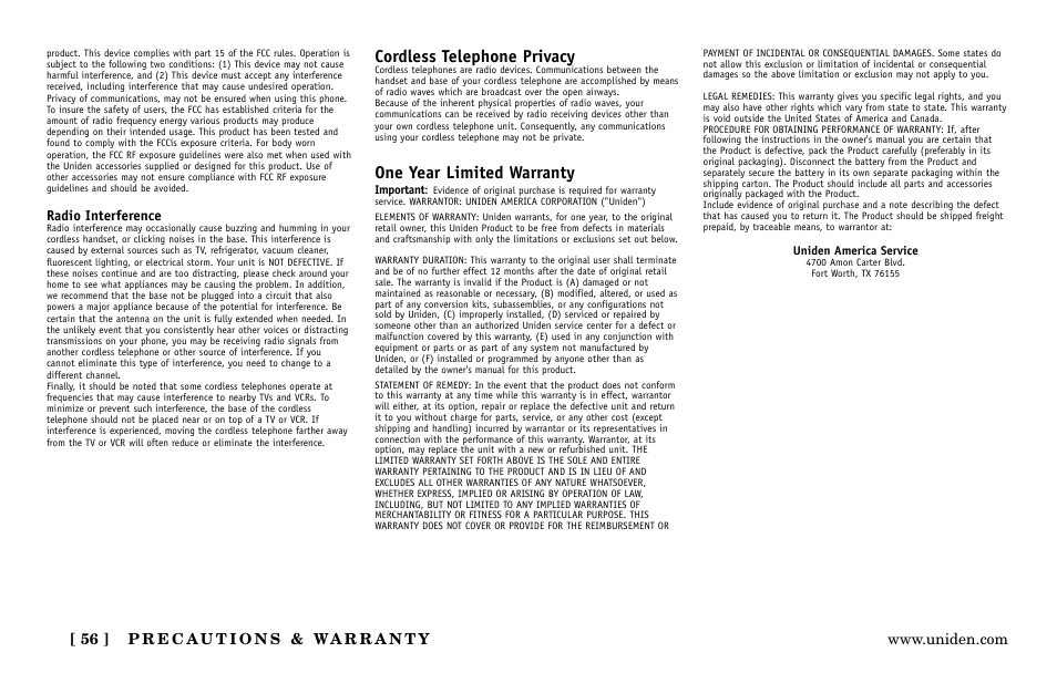 Cordless telephone privacy, One year limited warranty | Uniden EXa15580 User Manual | Page 56 / 64