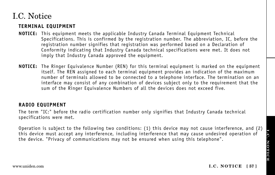 I.c. notice | Uniden EXa15580 User Manual | Page 57 / 64