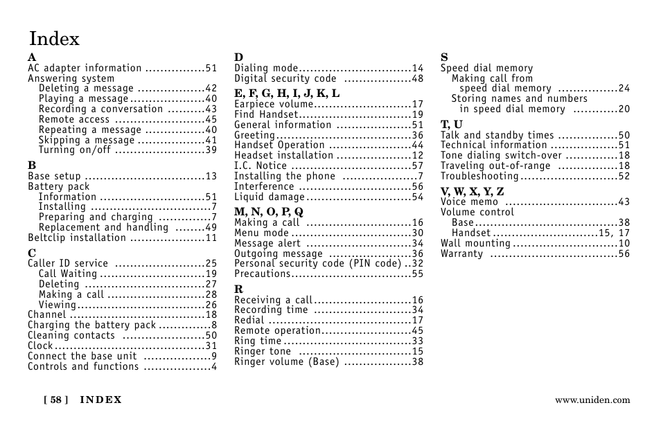 Index | Uniden EXa15580 User Manual | Page 58 / 64