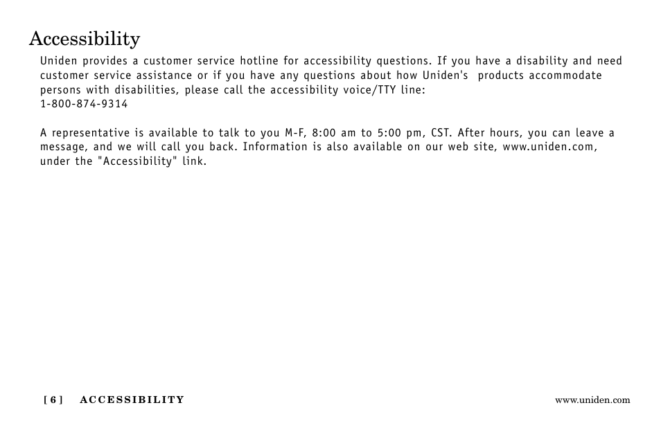 Accessibility | Uniden EXa15580 User Manual | Page 6 / 64