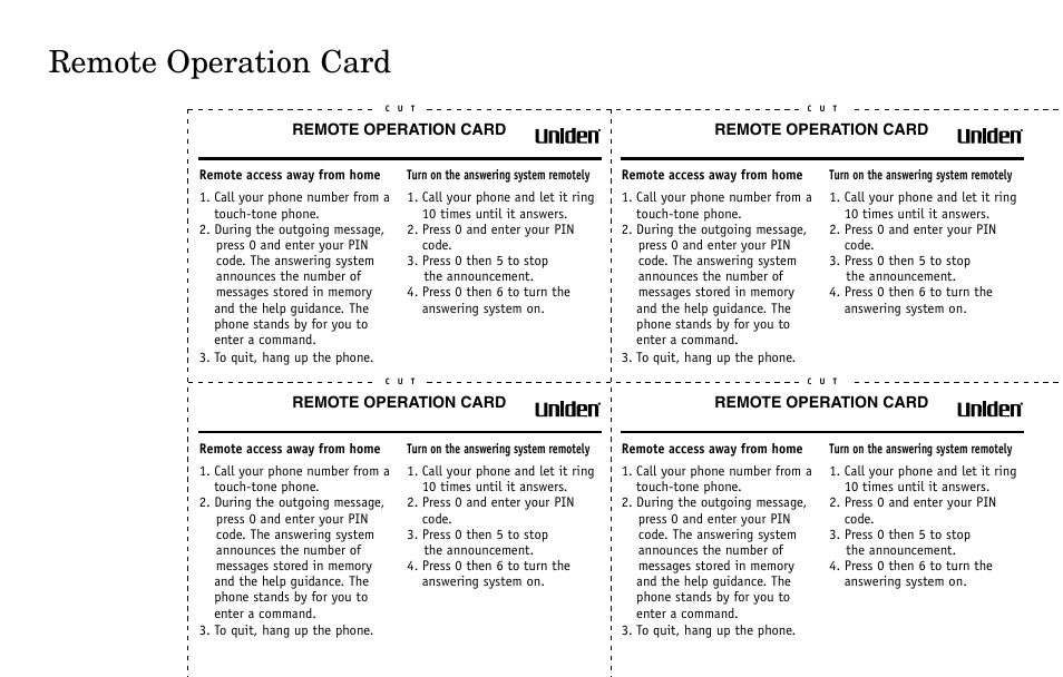 Remote operation card | Uniden EXa15580 User Manual | Page 61 / 64