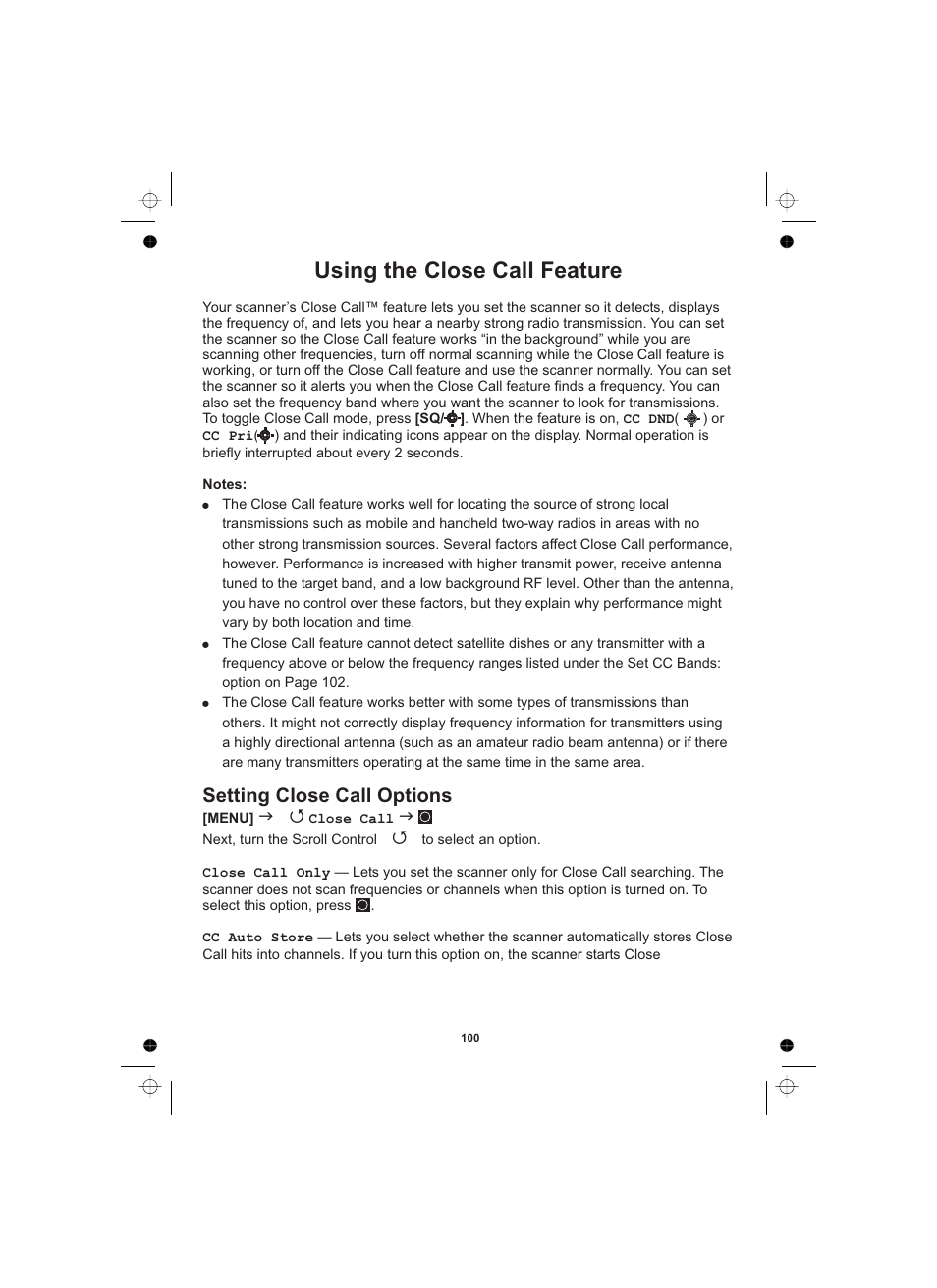 Using the close call feature, Setting close call options | Uniden UBCD996T User Manual | Page 100 / 176